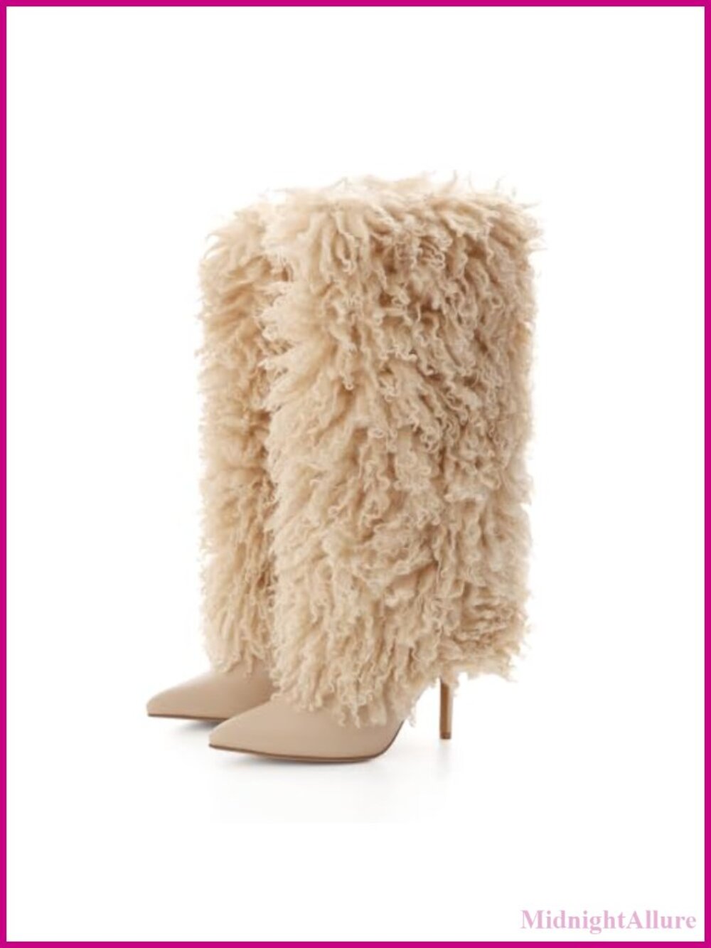 Fuzzy Faux Fur Knee High Fold Over Stiletto Heel Boots Pointed Toe